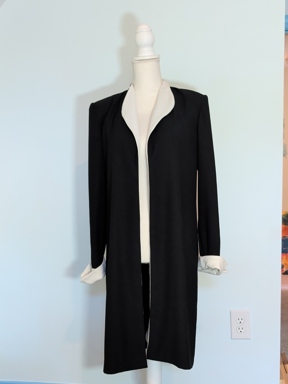 Vintage 80s Bahari Group Open Front Duster Jacket, b&w, shoulder pads, blazer